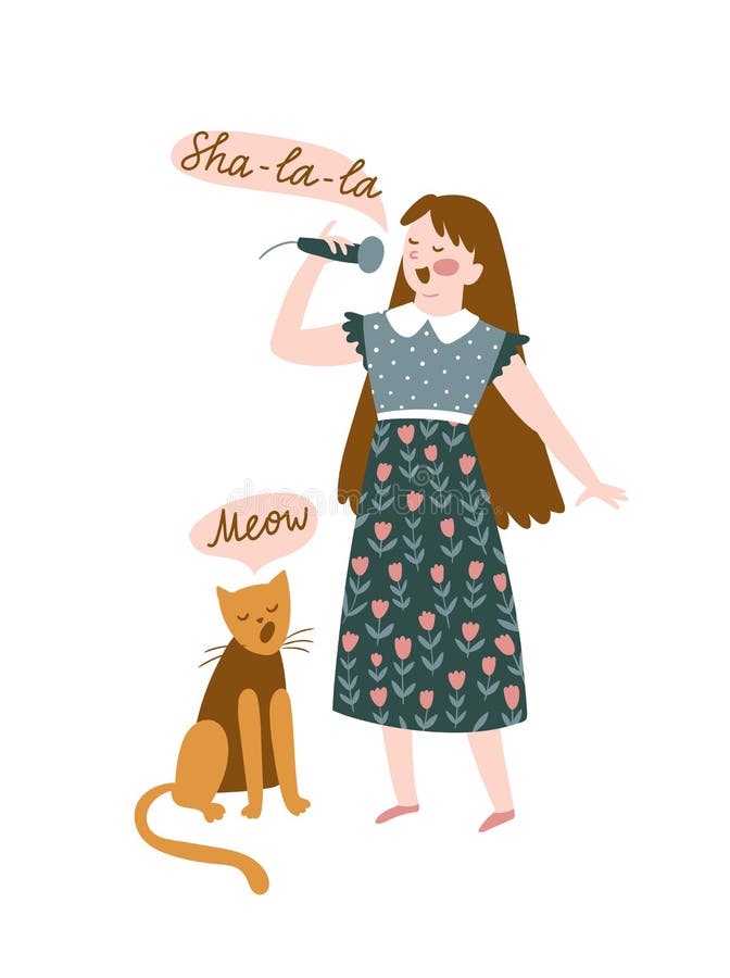 Músicos divertidos - la chica joven y el gato cantan un dúo Ejemplo del vector para el festival de música Diseño brillante del ca ilustración del vector Músicos divertidos - la chica joven y el gato cantan un dúo Ejemplo del vector para el festival de música Diseño brillante del ca ilustración del vector