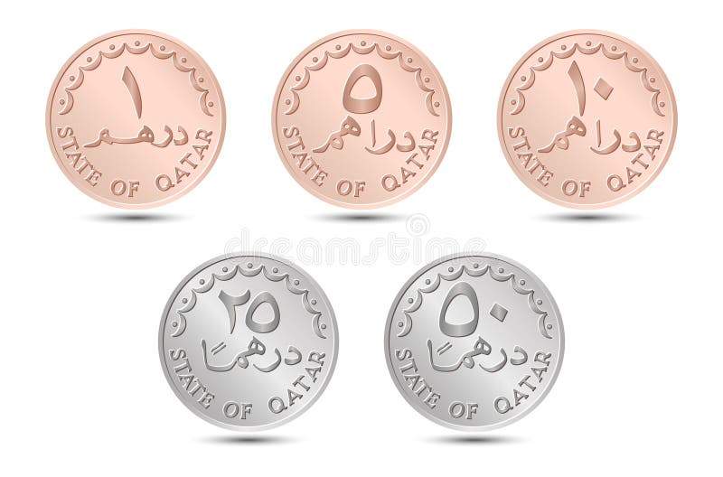 Set of coins, dirhams of Qatar. Coins side isolated on white background. Vector. Set of coins, dirhams of Qatar. Coins side isolated on white background. Vector.