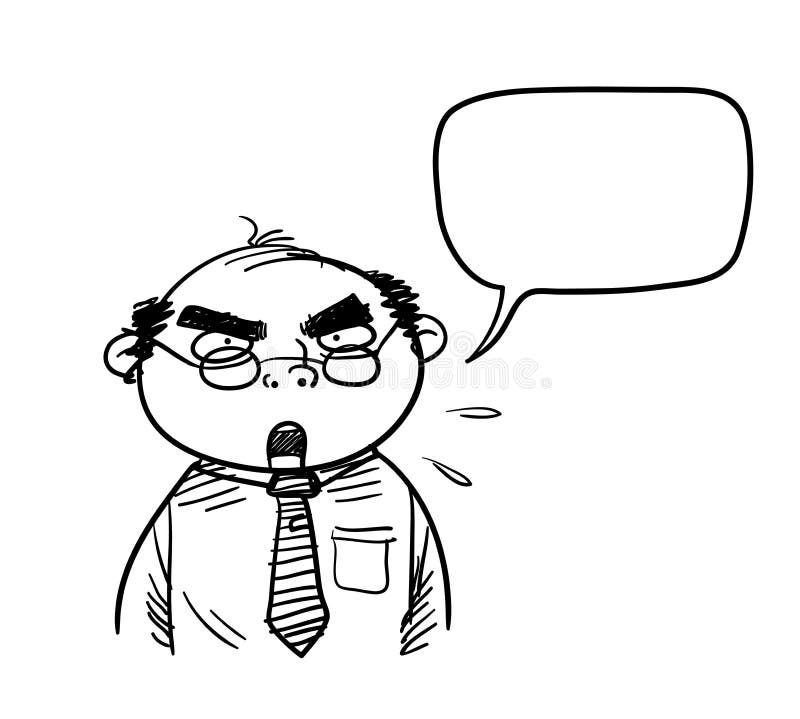 A hand drawn vector cartoon illustration of a grumpy boss with a blank narration bubble. A hand drawn vector cartoon illustration of a grumpy boss with a blank narration bubble.