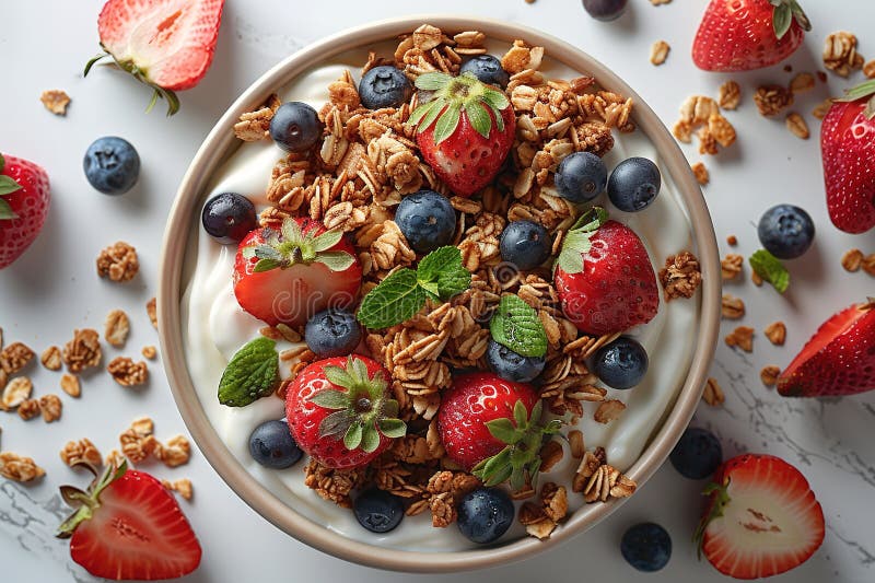 Müsli Frühstücksbuffet Fruchtsaft Müsli Dessert gesunde Granola Bowl Jogurt organisches Heidelbeere lizenzfreie abbildung