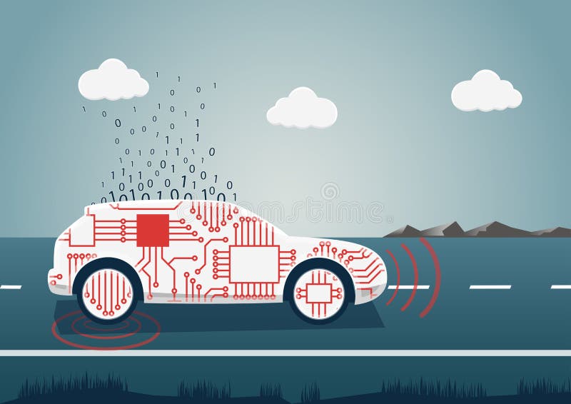 Mądrze związana samochodowa ilustracja Samochodowa ikona z czujnikami i duży dane upload jako przykład dla cyfrowej ruchliwości