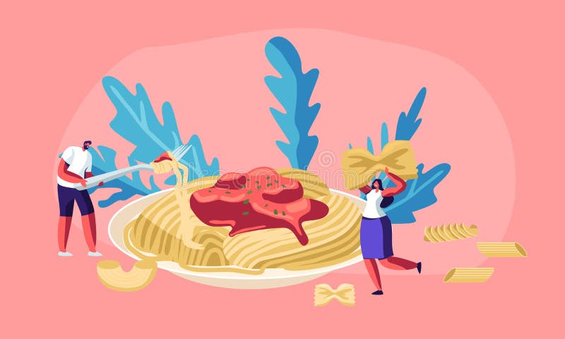 Męscy i Żeńscy charaktery Je spaghetti makaron z Smakowitym kumberlandem od Ogromnego talerza z Suchym makaronem wokoło Różnorodn ilustracji
