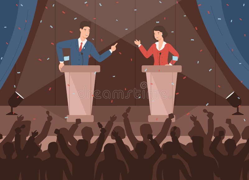 Male and female politicians taking part in political debates in front of audience. Pair of government workers talking to each other or having dispute. Colorful vector illustration in cartoon style. Male and female politicians taking part in political debates in front of audience. Pair of government workers talking to each other or having dispute. Colorful vector illustration in cartoon style