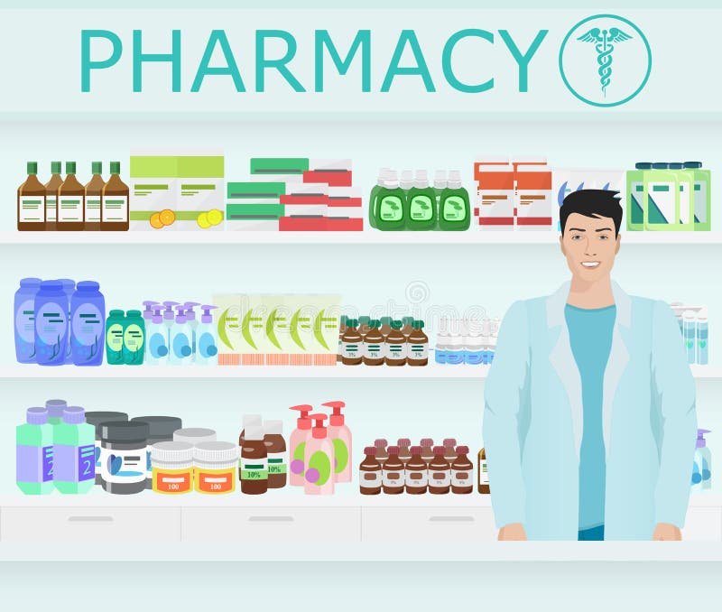 Męska farmaceuta przy kontuarem w aptece naprzeciw półek z medycynami również zwrócić corel ilustracji wektora royalty ilustracja Męska farmaceuta przy kontuarem w aptece naprzeciw półek z medycynami również zwrócić corel ilustracji wektora royalty ilustracja