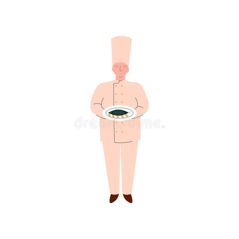 Męski szef kuchni Cook Trzyma Świeżo Przygotowywającej ryby na talerzu, profesjonalisty Kitchener charakter w Jednolitej Wektorow ilustracji Męski szef kuchni Cook Trzyma Świeżo Przygotowywającej ryby na talerzu, profesjonalisty Kitchener charakter w Jednolitej Wektorow ilustracji