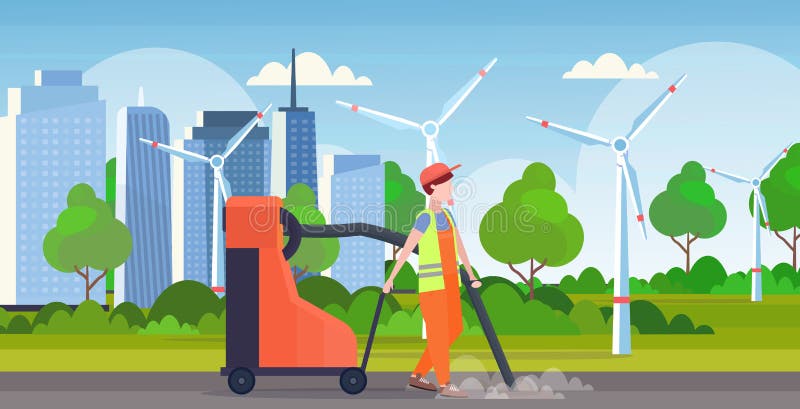 Męski uliczny janitor trzyma przemysłowego próżniowego czystego mężczyzny vacuuming śmieciarskie ulicy czyści usługowego pojęcia ilustracji