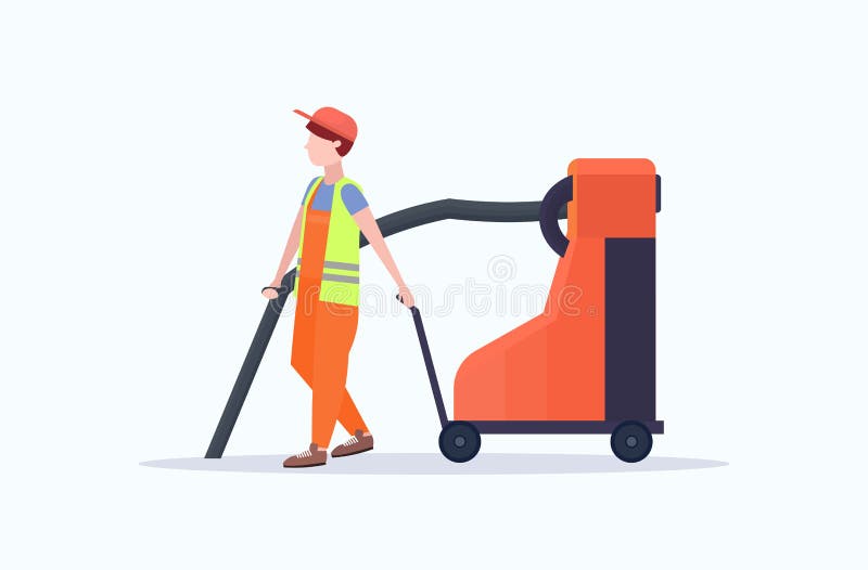 Męski uliczny janitor trzyma przemysłowego próżniowego czystego mężczyzny vacuuming śmieciarskie ulicy czyści usługowego pojęcie ilustracji