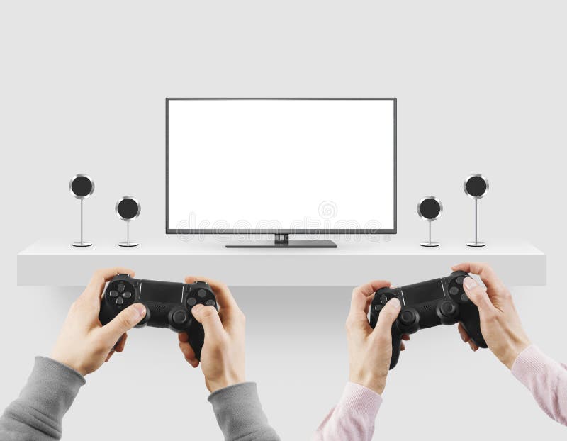 Mężczyzna chwyta gamepad w rękach przed pustego miejsca tv ekranu egzaminem próbnym w górę pl zdjęcia stock Mężczyzna chwyta gamepad w rękach przed pustego miejsca tv ekranu egzaminem próbnym w górę pl zdjęcia stock