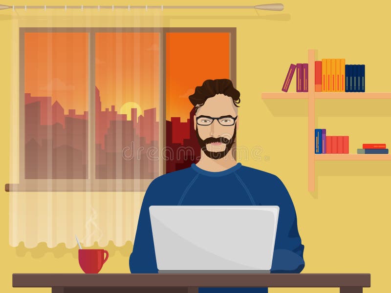 Mężczyzna Freelancer projektanta modniś jest pracującym cyfrowaniem i programowaniem na jego laptopie ilustracji Mężczyzna Freelancer projektanta modniś jest pracującym cyfrowaniem i programowaniem na jego laptopie ilustracji