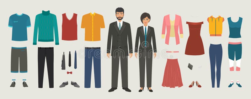 Mężczyzna i kobiety charaktery z biznesem, przypadkowym, sport odzieży set royalty ilustracja Mężczyzna i kobiety charaktery z biznesem, przypadkowym, sport odzieży set royalty ilustracja