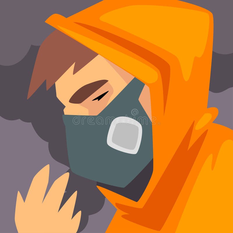 Man Wearing Protective Face Mask, People Suffering from Fine Dust, Industrial Smog, Industry Air Pollution, Vector Illustration. Man Wearing Protective Face Mask, People Suffering from Fine Dust, Industrial Smog, Industry Air Pollution, Vector Illustration