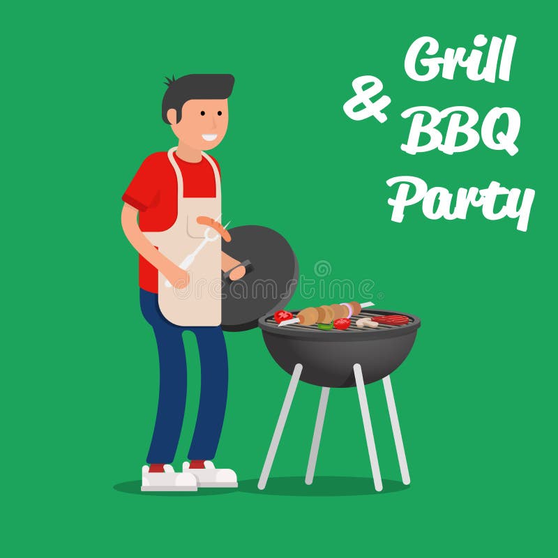 Mężczyzna kulinarny mięso z grillem Grilla przyjęcie ilustracja wektor Mężczyzna kulinarny mięso z grillem Grilla przyjęcie ilustracja wektor