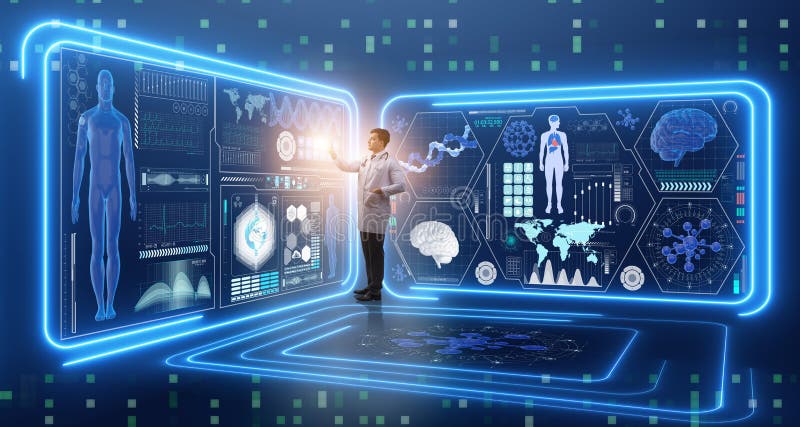 Mężczyzna lekarka w futurystycznej medycyny medycznym pojęciu ilustracja wektor Mężczyzna lekarka w futurystycznej medycyny medycznym pojęciu ilustracja wektor