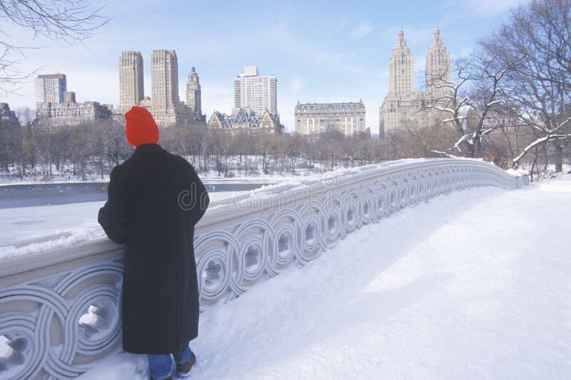 Mężczyzna pończochy nakrętki Czerwoni spojrzenia przy stawem w świeżym śniegu w central park, Manhattan, Miasto Nowy Jork, NY