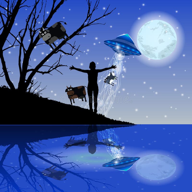 Mężczyzna ręk rozciągliwości sygnału UFO uprowadzenia krowa ilustracji Mężczyzna ręk rozciągliwości sygnału UFO uprowadzenia krowa ilustracji