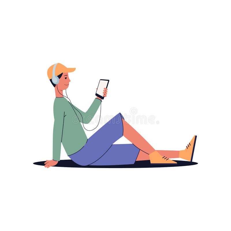 Mężczyzna siedzący na podłodze z słuchawkami słuchającymi muzyki, patrzący na telefon ilustracji Mężczyzna siedzący na podłodze z słuchawkami słuchającymi muzyki, patrzący na telefon ilustracji