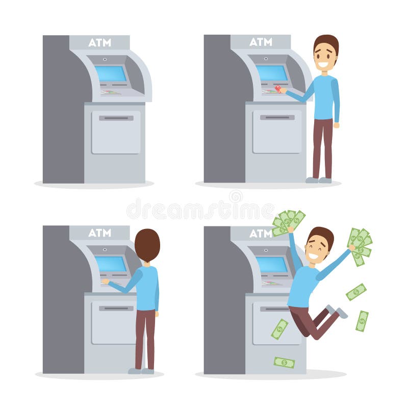 Mężczyzna używa ATM maszynę ilustracji Mężczyzna używa ATM maszynę ilustracji