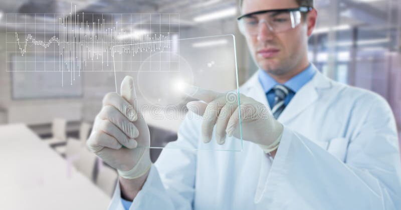 Digital composite of Man in lab coat with glass device and white graph with flare against blurry lab. Digital composite of Man in lab coat with glass device and white graph with flare against blurry lab