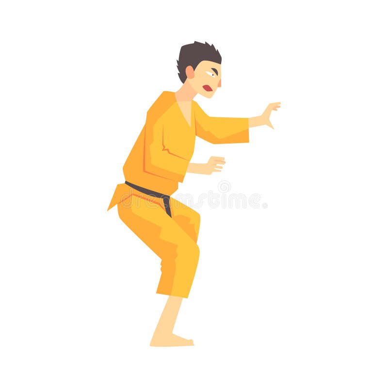 Mężczyzna W Żółtym Kimonowym Kung Fu sztuk samoobrony wojowniku, Walczący sporty Fachowi W Tradycyjny Walczący Sportive ilustracja wektor