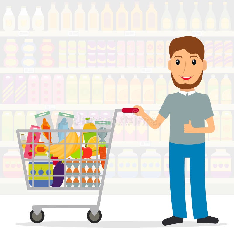 Mężczyzna z wózek na zakupy z foods w sklepie spożywczym ilustracja wektor Mężczyzna z wózek na zakupy z foods w sklepie spożywczym ilustracja wektor