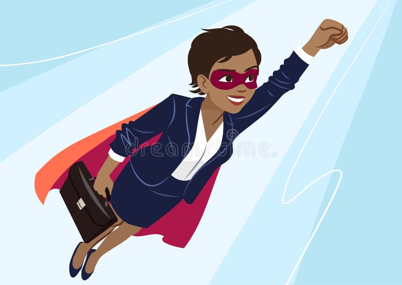 Young African-American superhero woman wearing business suit and cape, flying through air in superhero pose, on aqua background. Vector cartoon character illustration, business, achievement, goals. Young African-American superhero woman wearing business suit and cape, flying through air in superhero pose, on aqua background. Vector cartoon character illustration, business, achievement, goals.