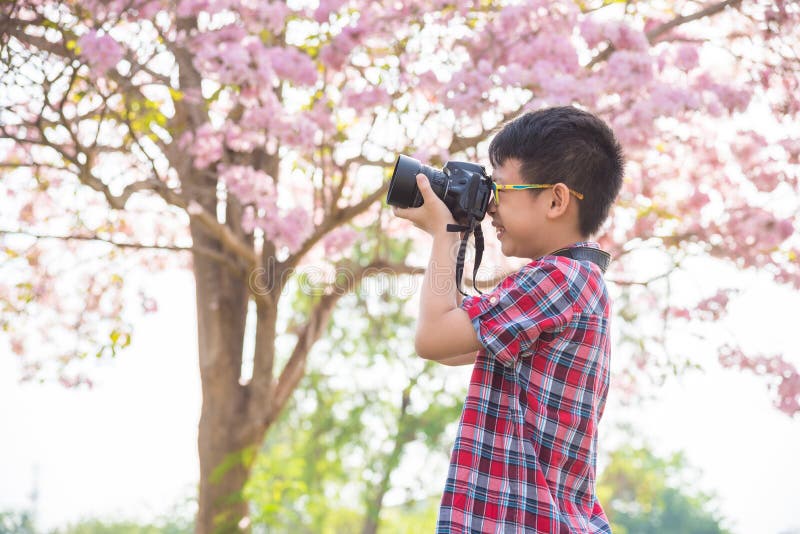 Młoda chłopiec bierze fotografię kamerą w parku fotografia stock Młoda chłopiec bierze fotografię kamerą w parku fotografia stock