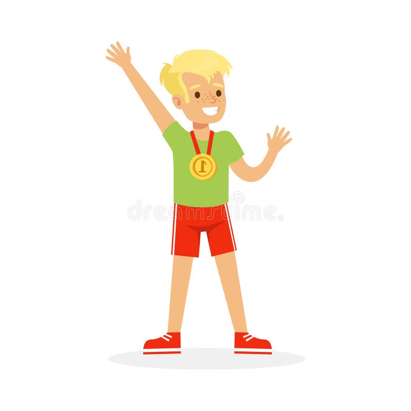 Młoda chłopiec z pierwszy miejsce medalem, dzieciak świętuje jego złotą medal kreskówki wektoru ilustrację ilustracja wektor Młoda chłopiec z pierwszy miejsce medalem, dzieciak świętuje jego złotą medal kreskówki wektoru ilustrację ilustracja wektor