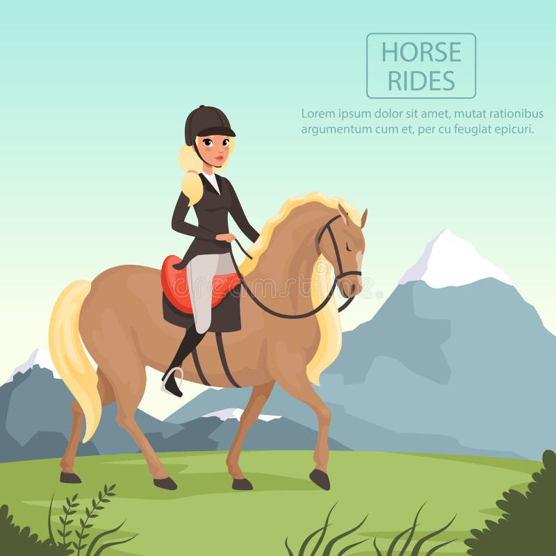 Young girl jockey riding brown horse with yellow crest. Cartoon woman character in uniform with protective helmet. Beautiful nature landscape with mountains on background. Colorful flat vector design. Young girl jockey riding brown horse with yellow crest. Cartoon woman character in uniform with protective helmet. Beautiful nature landscape with mountains on background. Colorful flat vector design.