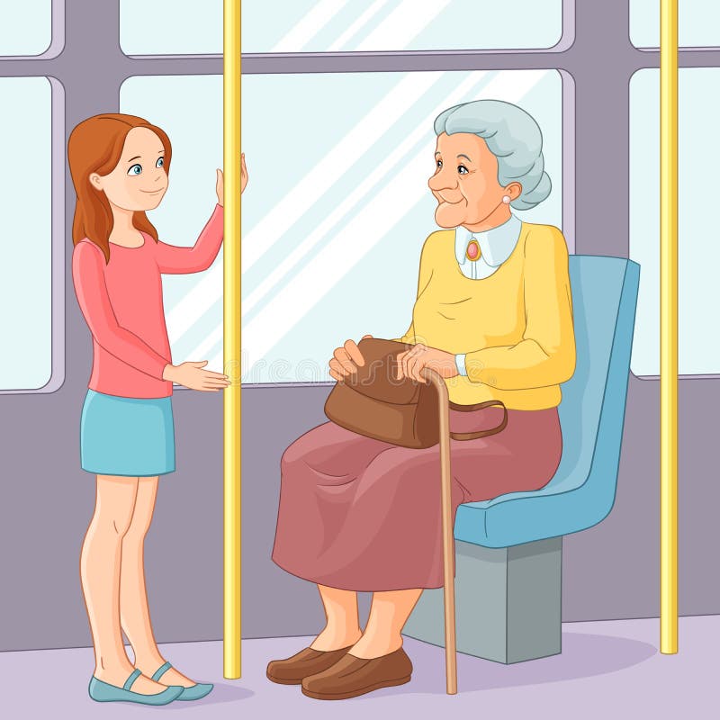 Młoda dziewczyna oferuje siedzenia starej damy transport publicznie również zwrócić corel ilustracji wektora ilustracja wektor Młoda dziewczyna oferuje siedzenia starej damy transport publicznie również zwrócić corel ilustracji wektora ilustracja wektor