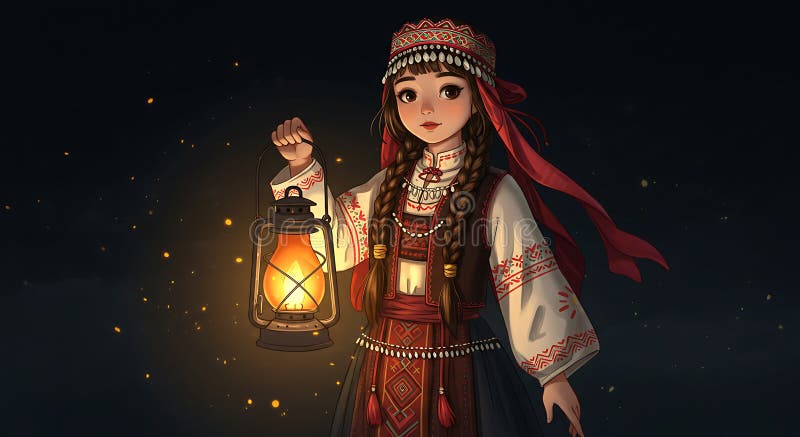 Młoda dziewczyna w tradycyjnym stroju wschodnioeuropejskim trzyma latarnię oświetlającą ją ilustracji