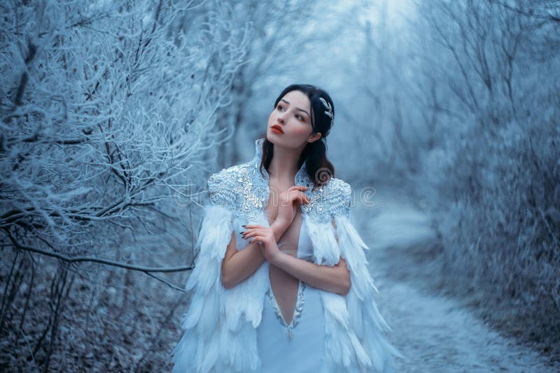 Młoda kobieta, królowa śnieżna. białe pióra peleryny fantasy. twórcza sukienka seksowna. modelka mody piękna twarz. elf obraz royalty free