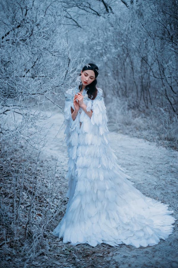 Młoda kobieta, królowa śnieżna. białe pióra peleryny fantasy. twórcza sukienka seksowna. modelka mody piękna twarz. elf fotografia royalty free