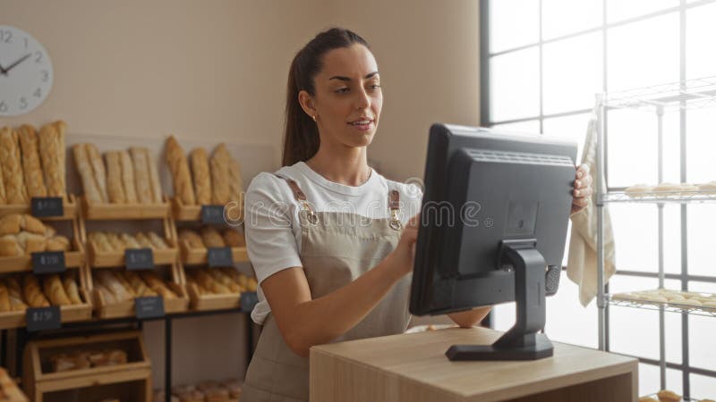 Młoda kobieta pracująca za licznikiem w piekarni z bochenkami chleba za nią i za pomocą monitora ekranu dotykowego zdjęcia stock