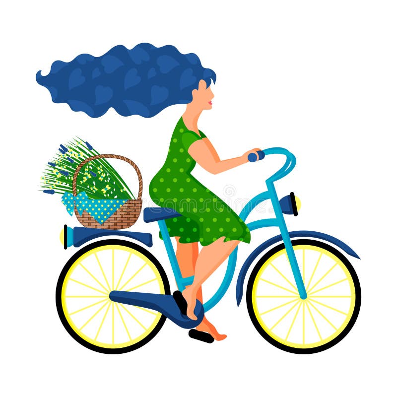 Młoda kobieta w zielonej sukni jedzie bicykl z koszem dzicy kwiaty royalty ilustracja Młoda kobieta w zielonej sukni jedzie bicykl z koszem dzicy kwiaty royalty ilustracja