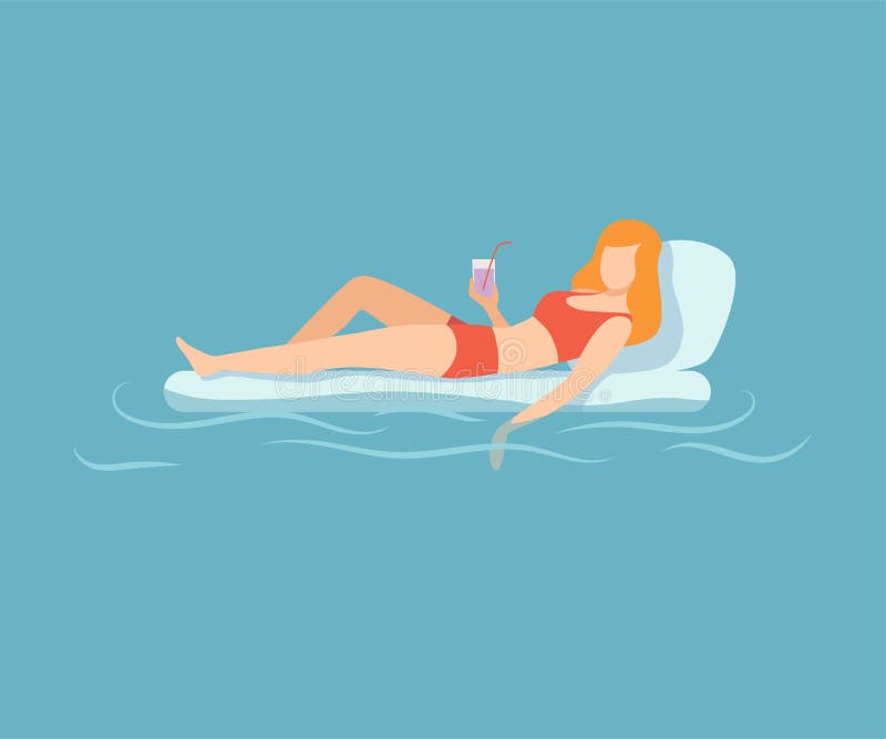 Młoda Piękna kobieta Unosi się na Lotniczej materac, kobieta Relaksuje w morzu, ocean lub basen, przy wakacje ilustracja wektor Młoda Piękna kobieta Unosi się na Lotniczej materac, kobieta Relaksuje w morzu, ocean lub basen, przy wakacje ilustracja wektor