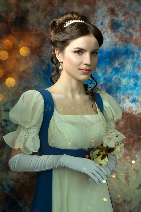 Młoda piękna kobieta w historycznej sukience z kwiatami na kolorowym niebieskim tle. okładka książki