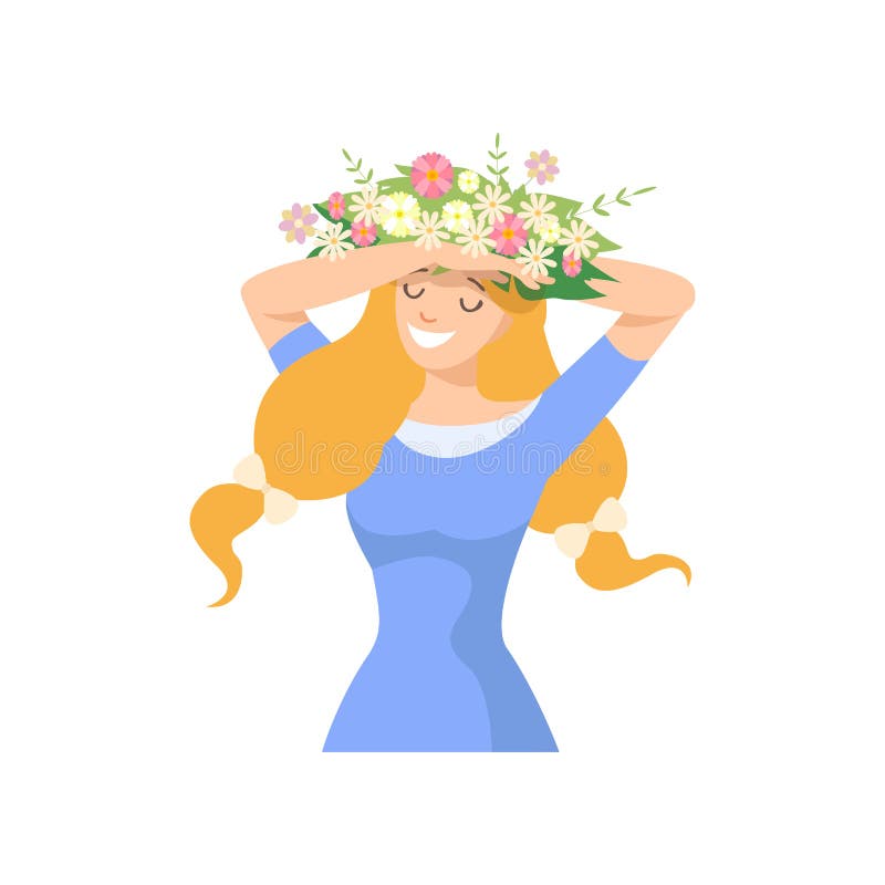 Młoda Piękna kobieta z kwiatu wiankiem w Jej włosy, portrecie Elegancka Uśmiechnięta dziewczyna z Kwiecistym wiankiem i Bławym, ilustracja wektor Młoda Piękna kobieta z kwiatu wiankiem w Jej włosy, portrecie Elegancka Uśmiechnięta dziewczyna z Kwiecistym wiankiem i Bławym, ilustracja wektor