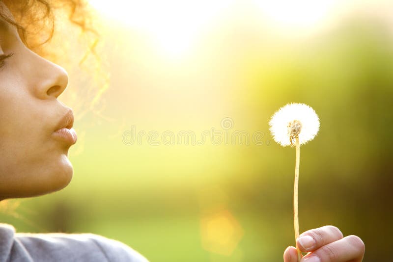 Młodej kobiety dandelion podmuchowy kwiat outdoors zdjęcie royalty free Młodej kobiety dandelion podmuchowy kwiat outdoors zdjęcie royalty free