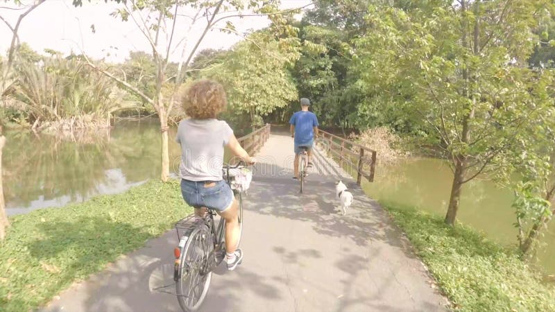 Młodej Szczęśliwej modniś pary przejażdżki Retro bicykle w parku z Psi Działający Niedalekim Jeździć na rowerze z zwierzęciem dom zbiory Młodej Szczęśliwej modniś pary przejażdżki Retro bicykle w parku z Psi Działający Niedalekim Jeździć na rowerze z zwierzęciem dom zbiory