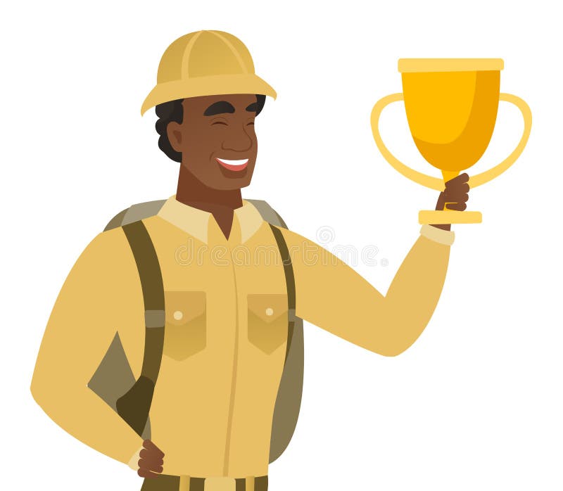 Młody afroamerykański podróżnik trzyma trofeum ilustracja wektor Młody afroamerykański podróżnik trzyma trofeum ilustracja wektor