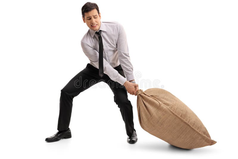 Młody biznesmen ciągnie burlap worek fotografia royalty free Młody biznesmen ciągnie burlap worek fotografia royalty free