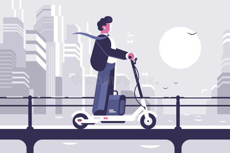 Młody człowiek jedzie elektrycznej hulajnoga nowożytnego pejzaż miejskiego ilustracji Młody człowiek jedzie elektrycznej hulajnoga nowożytnego pejzaż miejskiego ilustracji