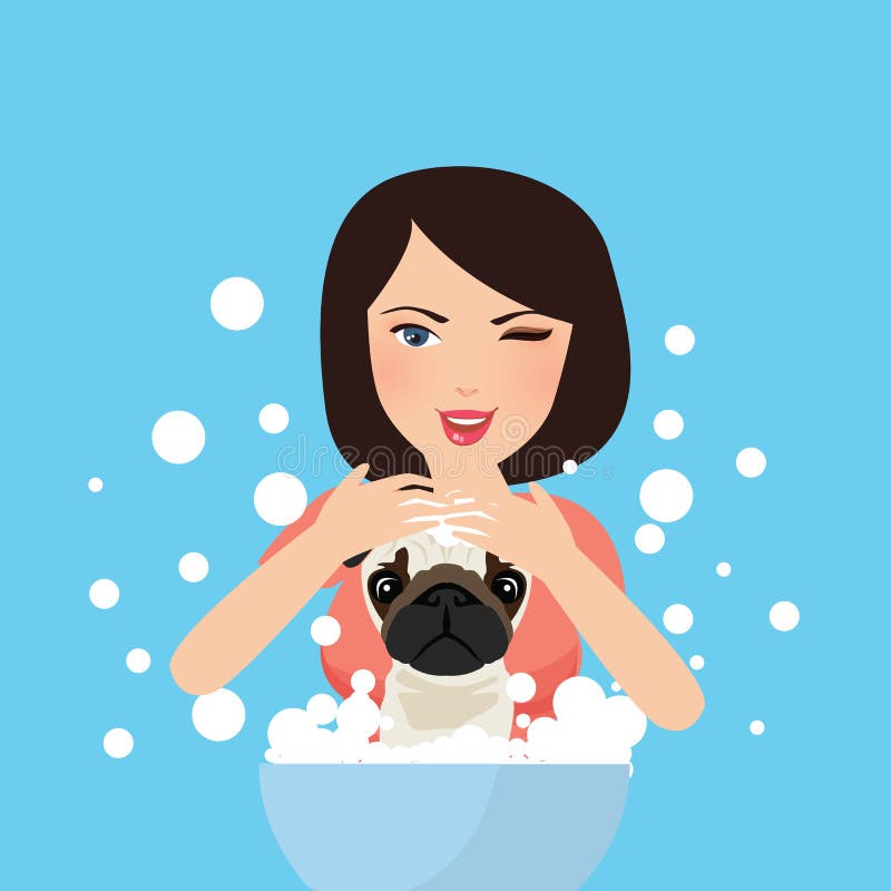 Młody fachowy zwierzęcia domowego groomer domycia psa kąpanie z mydłem ilustracji Młody fachowy zwierzęcia domowego groomer domycia psa kąpanie z mydłem ilustracji