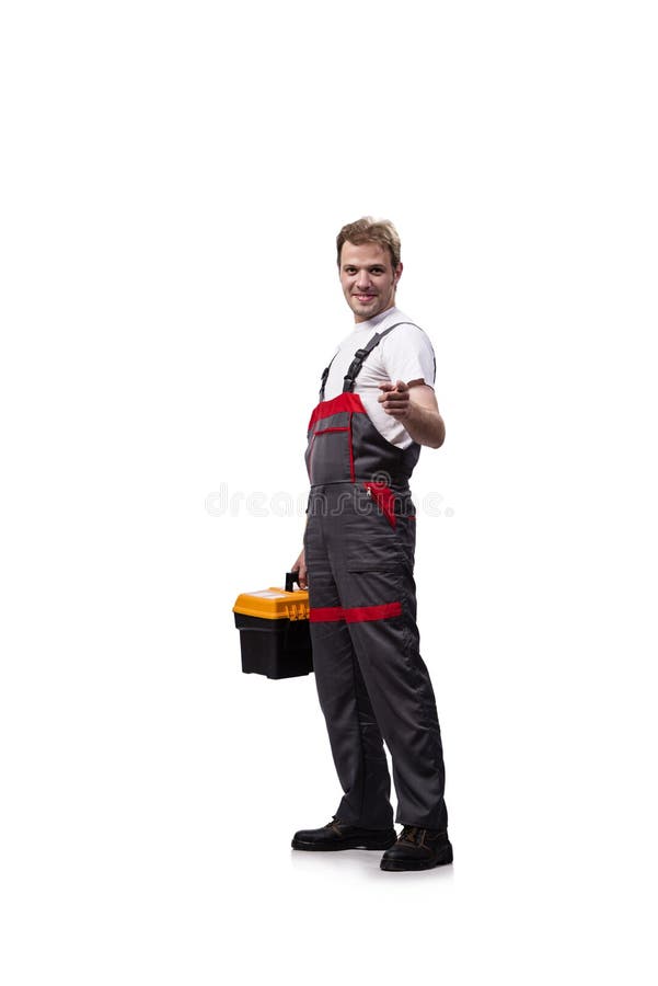 Młody pracownik budowlany jest ubranym coveralls odizolowywających na bielu obrazy royalty free Młody pracownik budowlany jest ubranym coveralls odizolowywających na bielu obrazy royalty free