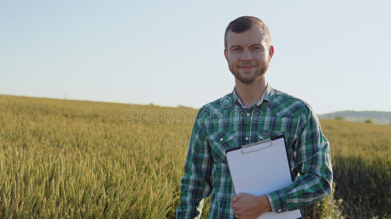 Młody rolnik z brodą stoi na polu pszenicy pod jasnym niebieskim niebem i przechowuje dokumenty w jednej ręce