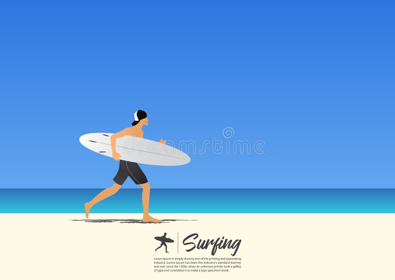 Młody surfingowa mężczyzna przewożenia surfboard i bieg na białym piasku wyrzucać na brzeg ilustracja wektor Młody surfingowa mężczyzna przewożenia surfboard i bieg na białym piasku wyrzucać na brzeg ilustracja wektor