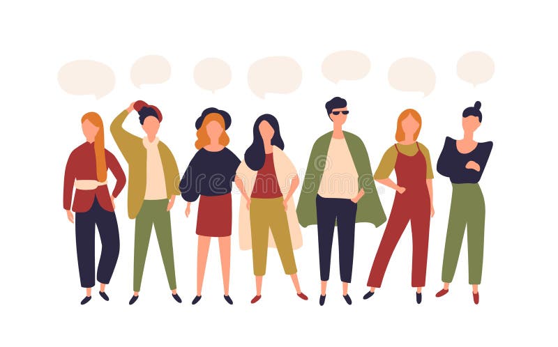 Młodzi człowiecy i kobiety stoi wpólnie w rzędzie i mowie gulgoczą odosobnionego na białym tle Opowiadający ludzie lub mówjący ilustracji Młodzi człowiecy i kobiety stoi wpólnie w rzędzie i mowie gulgoczą odosobnionego na białym tle Opowiadający ludzie lub mówjący ilustracji