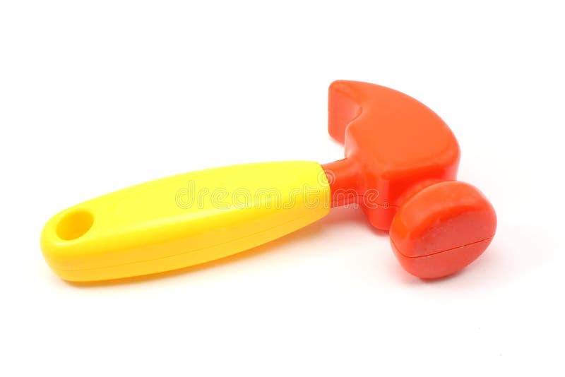 Red and yellow child's toy hammer displayed on a white background. Red and yellow child's toy hammer displayed on a white background