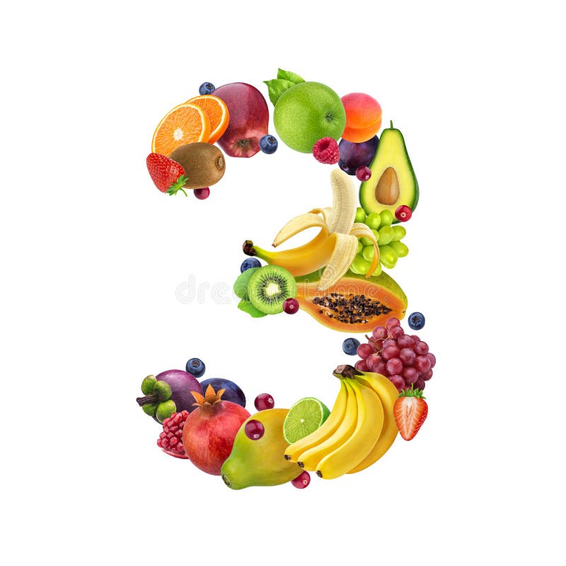 Número Tres Hecho De Diversas Frutas Y De Las Bayas, Alfabeto De La Fruta  Aisladas En El Fondo Blanco Imagen de archivo - Imagen de aisladas, fruta:  142408893