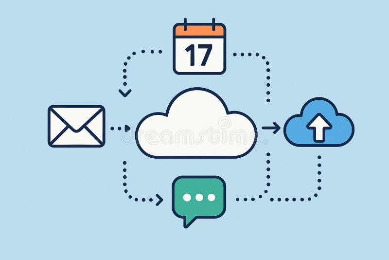 N8n : Cloud automation system with email, calendar, chat, and upload icons connected by dotted arrows on blue background stock illustration